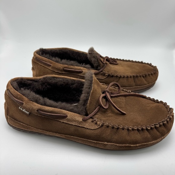 LL Bean Wicked Good Slippers Brown Suede Leather Size 13 Wide Shearling Cozy - Picture 4 of 9